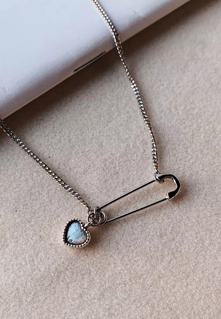LYCKA LDR1278 S925 Silver Heart and Safety Pin Necklace 2023 | Buy