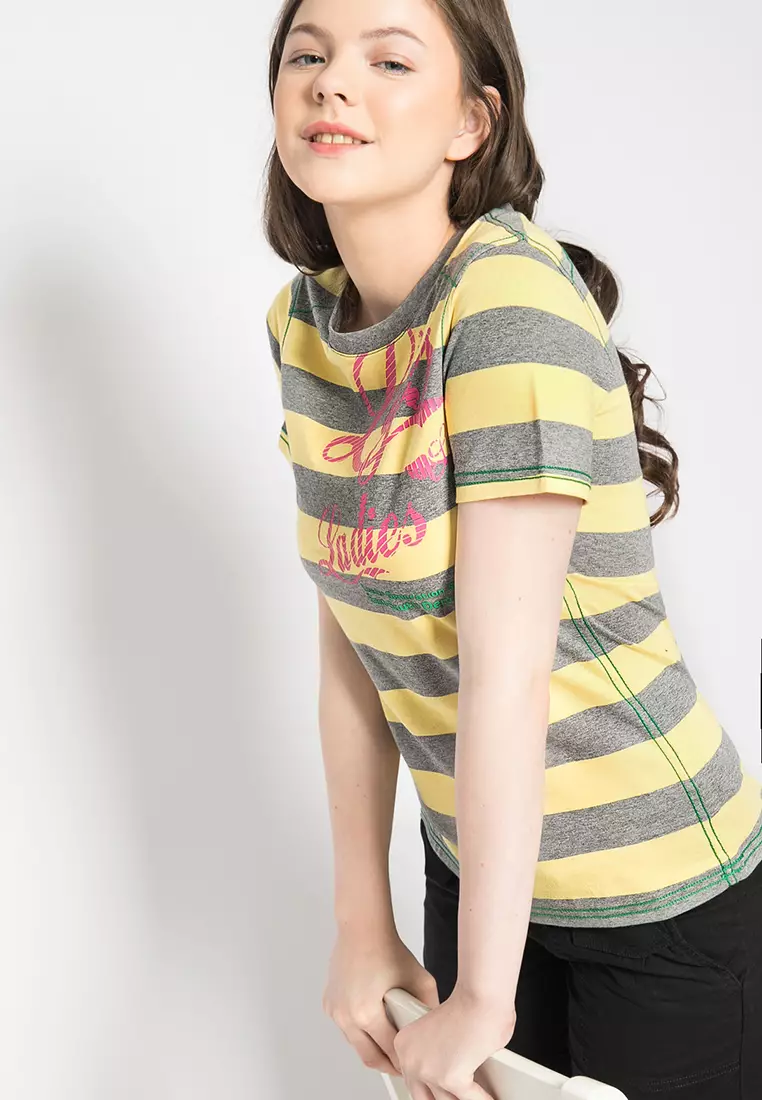 LGS - Kaos Wanita Motif Salur Warna Kuning LTS.520.T879M.096.C