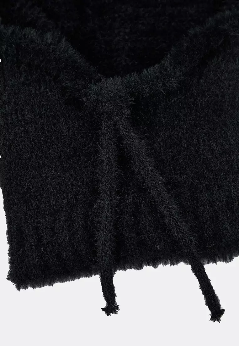 Soft Textured Tie-Up Head-Wrapping Balaklava Knitwear Beanie