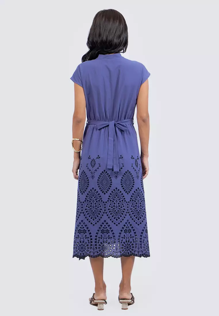 Embroidered V-Neck Midi Dress NAVY