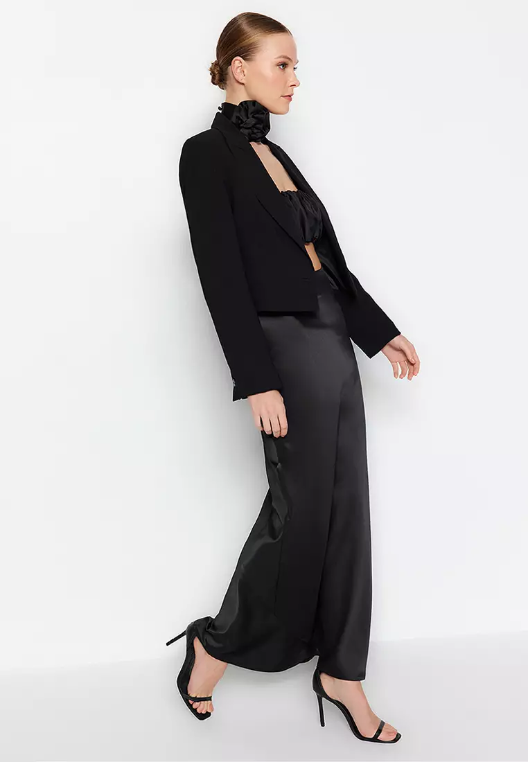 Black Woven Satin Long Skirt