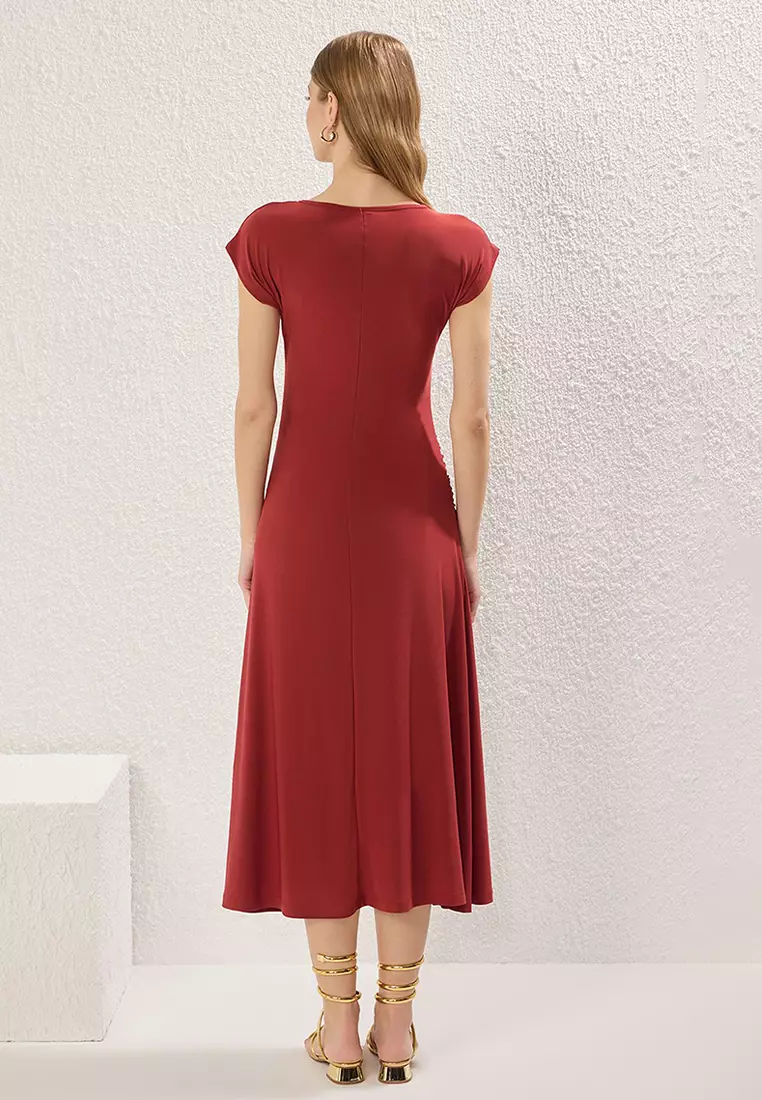 Brick Moon Sleeve Gather/Drape Detail Stretchy Maxi Knitted Dress Twoss25El00666
