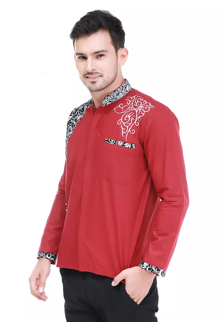 Dwan Kemeja Batik Pria Simple Atasan Formal Longsleeve Shirt Material Cotton ORIGINAL - Red