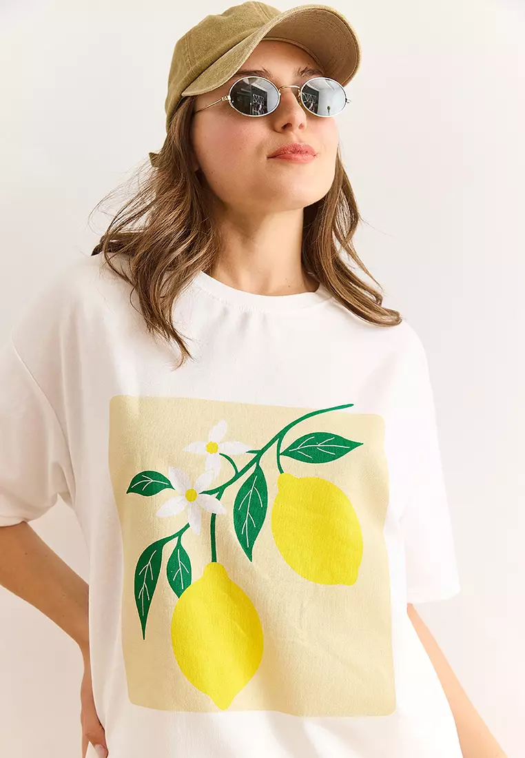 Women's Ecru Lemon Printed Comfortable Fit T-Shirt Tsh-19000927