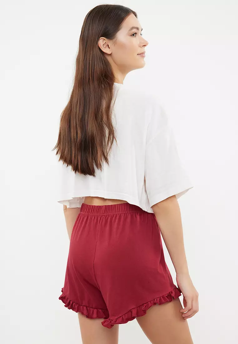 Pink-Burgundy 2-Pack Cotton Frilly Knitted Pajama Bottoms With Ribbon/Bow Detail