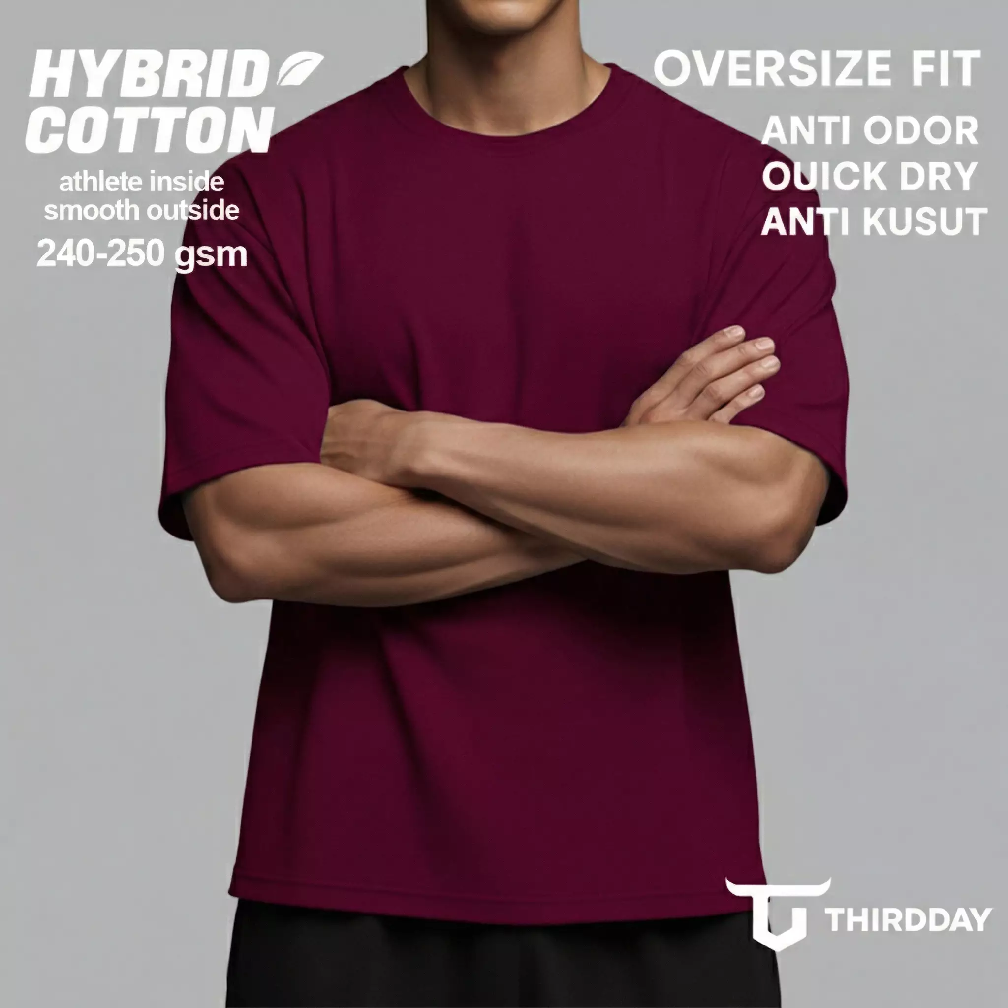 THIRDDAY Kaos Oversize Gym Tebal 250gsm Hybrid Cotton Polos red burgundy MTY94