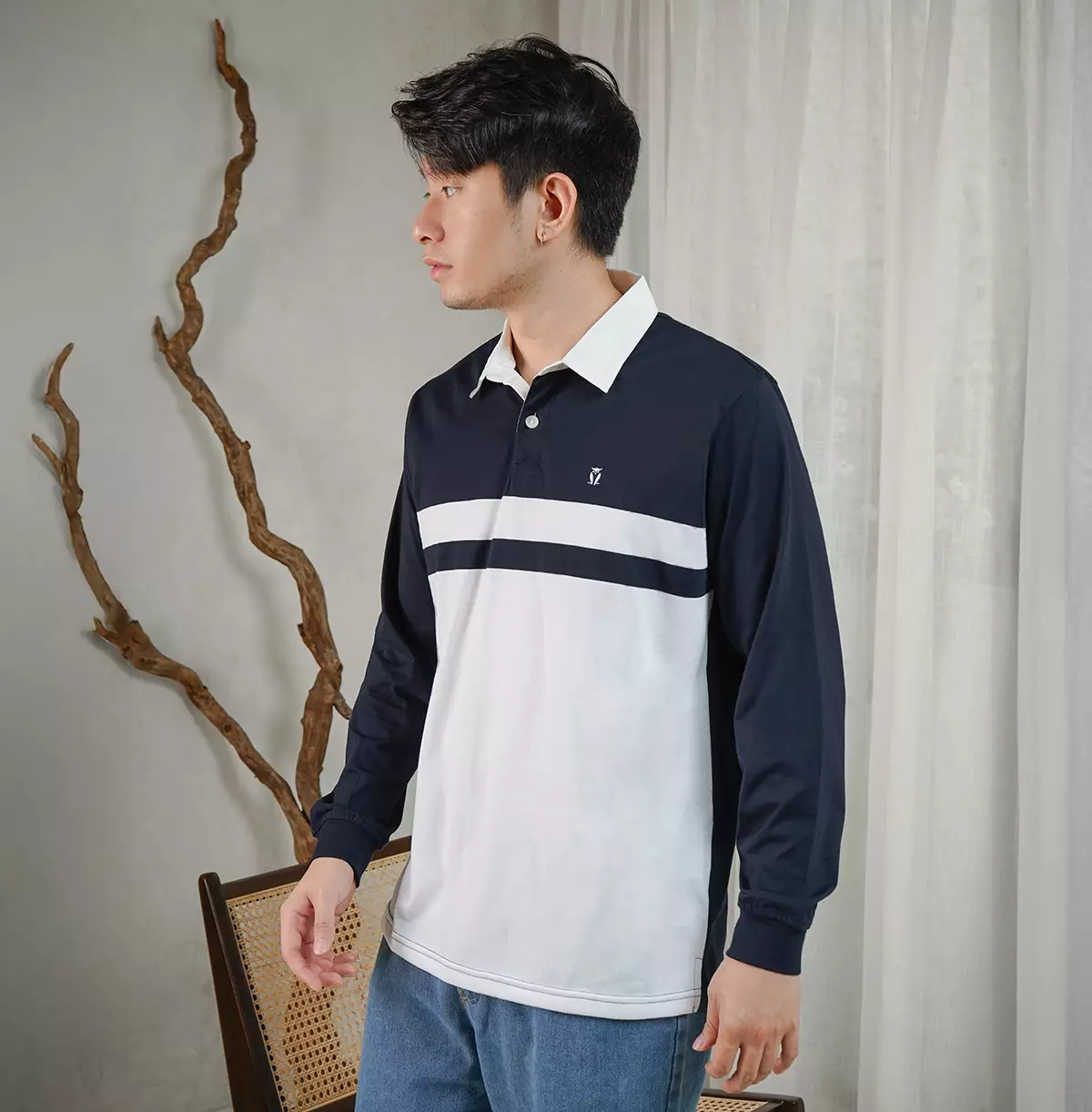 Matsuda Kaos Rugby Polo Shirt Katun Pria Lengan Panjang Yasugi Navy White