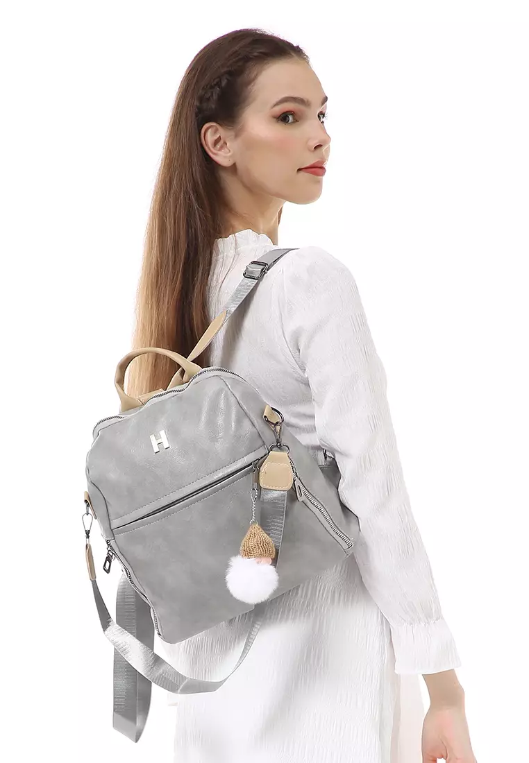 Afra Tas Ransel Wanita Large Compartment Backpack Desain Polos Material Leather ORIGINAL - Gray