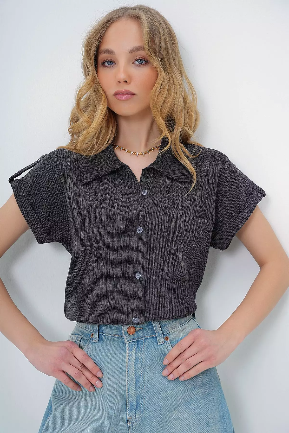 Women's Anthracite Cuffed Double Short Sleeve Textured Shirt