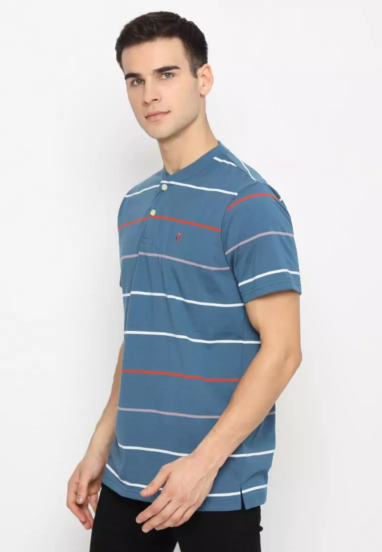 MATSUDA Kaos Pria T Shirt Henley Stripe Natori
