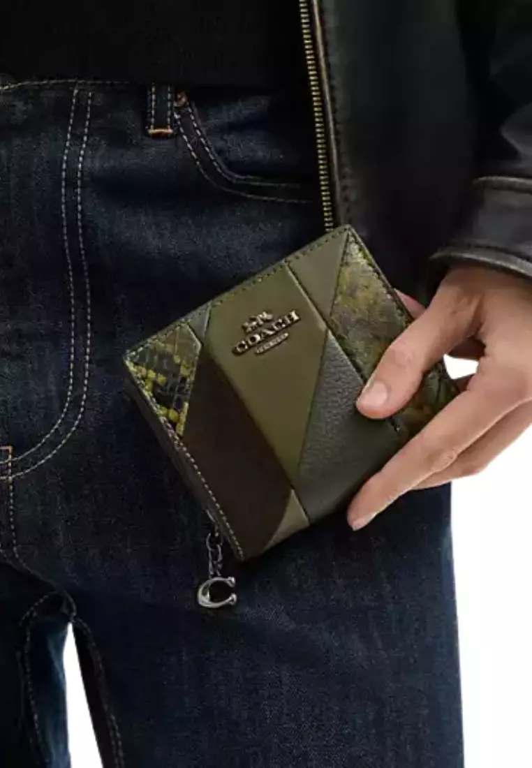 Coach Snap Wallet With Patchwork And Snake Print In Olive Multi CCL77