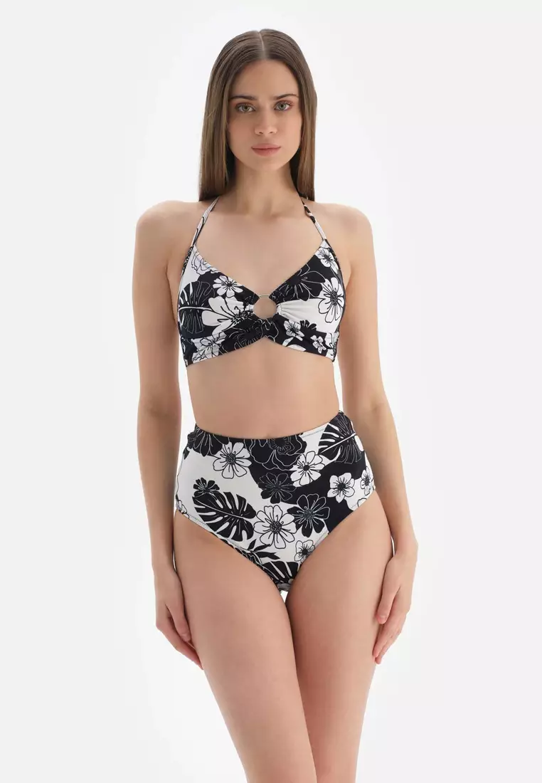 Black - White Bikini Bottoms, Floral Printed, Swimwear for Women