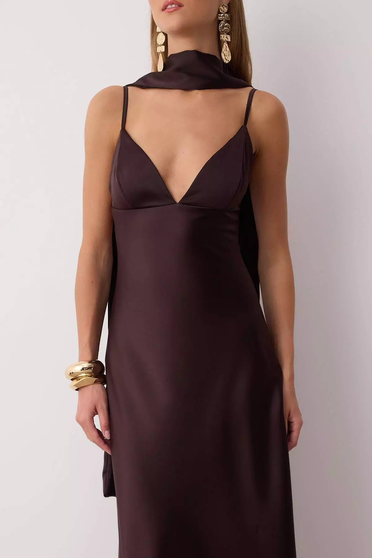 Brown Shawl Detailed Satin Woven Maxi Evening Night Graduation Dress