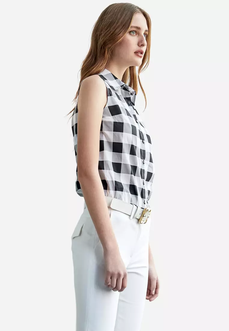Black White Plaid Button Front Vest