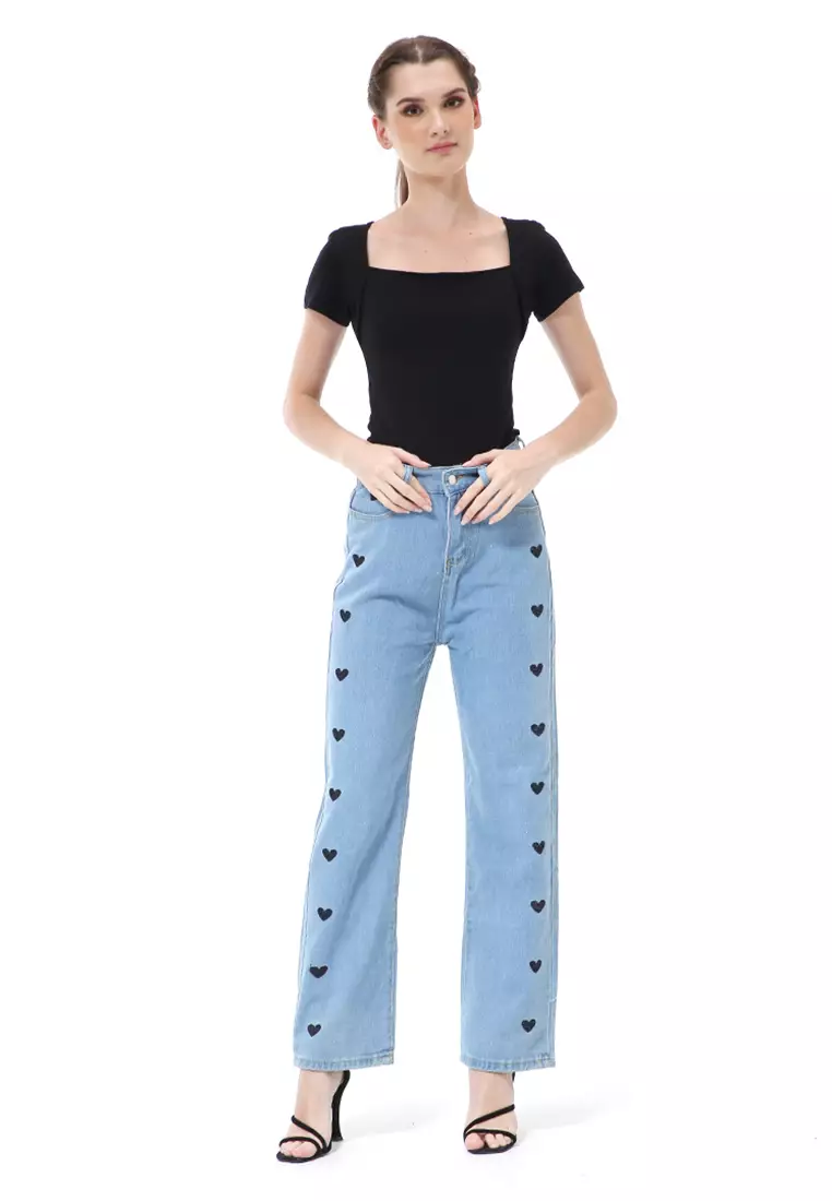 Stella Long Pants Boyfrend Jeans Wanita Model Love Samping Material Denim ORIGINAL - Light Blue