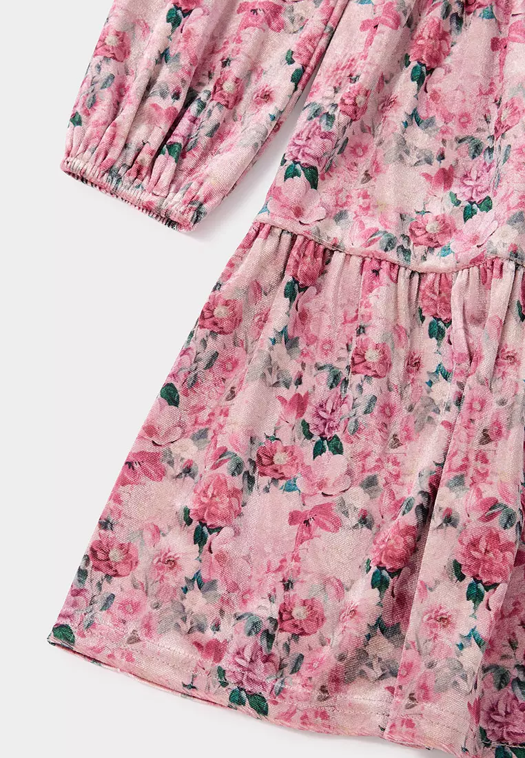 Violet Floral Printed Velvet Tiered Dress