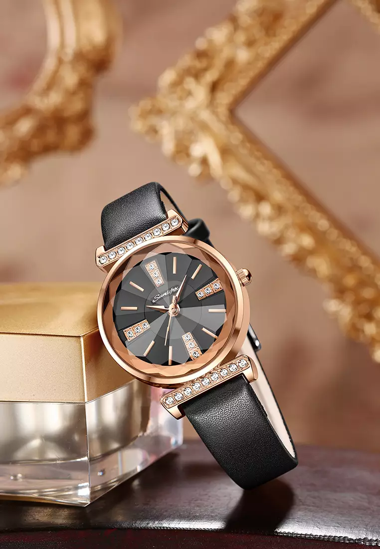 Jam Tangan Wanita Berlian Anggun Gaya Antik Tali Kulit Original Jam Tangan Cewek 8008 allblack