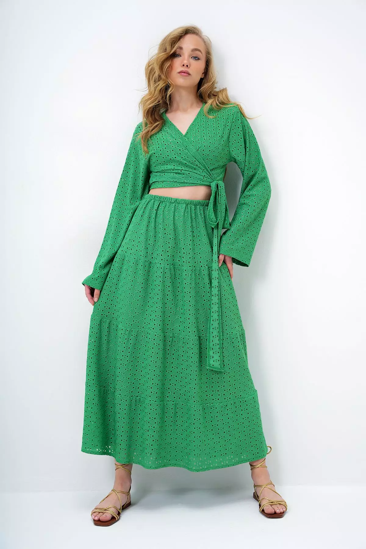 Women's Green Katkat Flounce Guipure Premium Skirt Alc-X14141