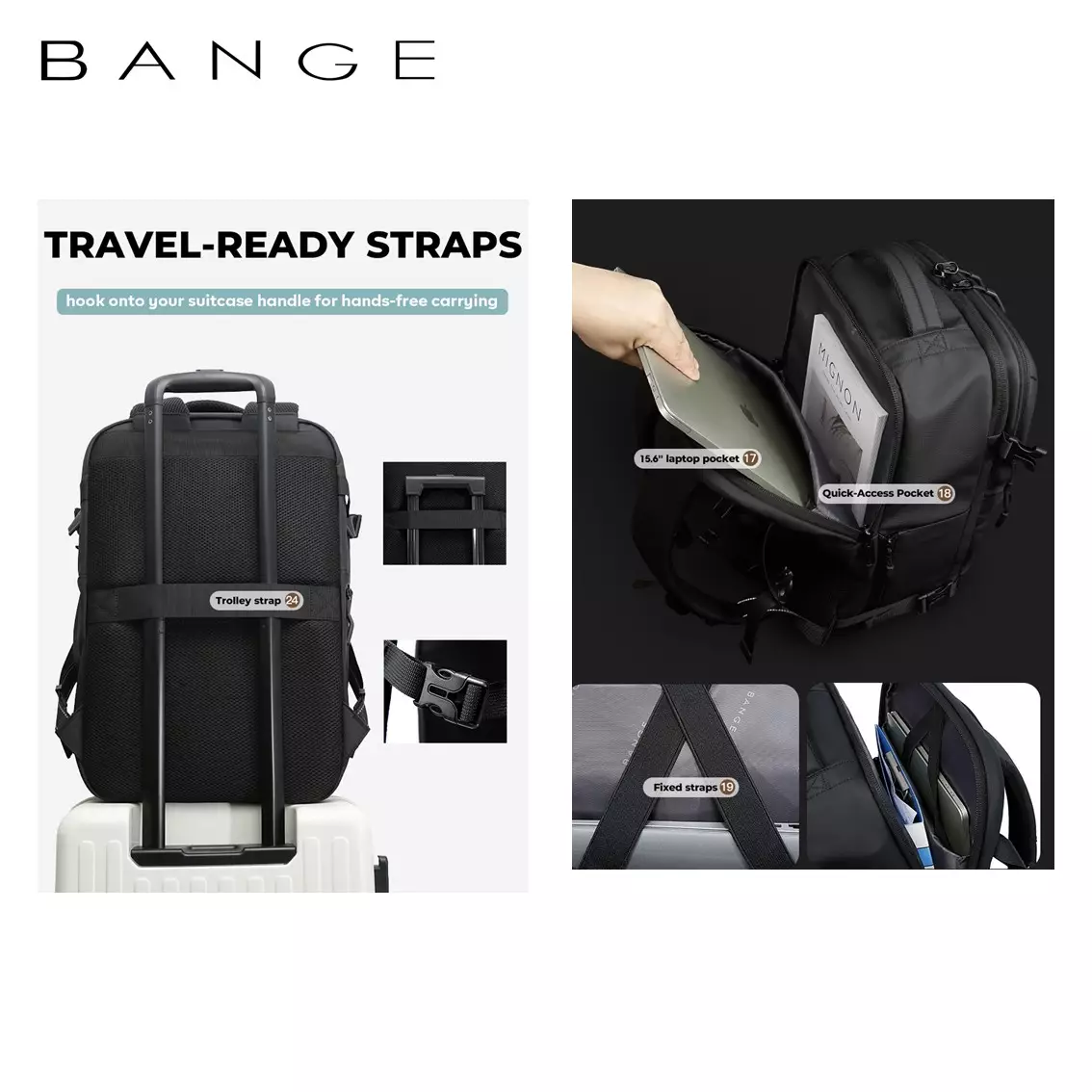 BANGE BG7875 Tas Ransel pria Laptop Kerja Pria Travel Backpack Lock TSA Waterproof-Black