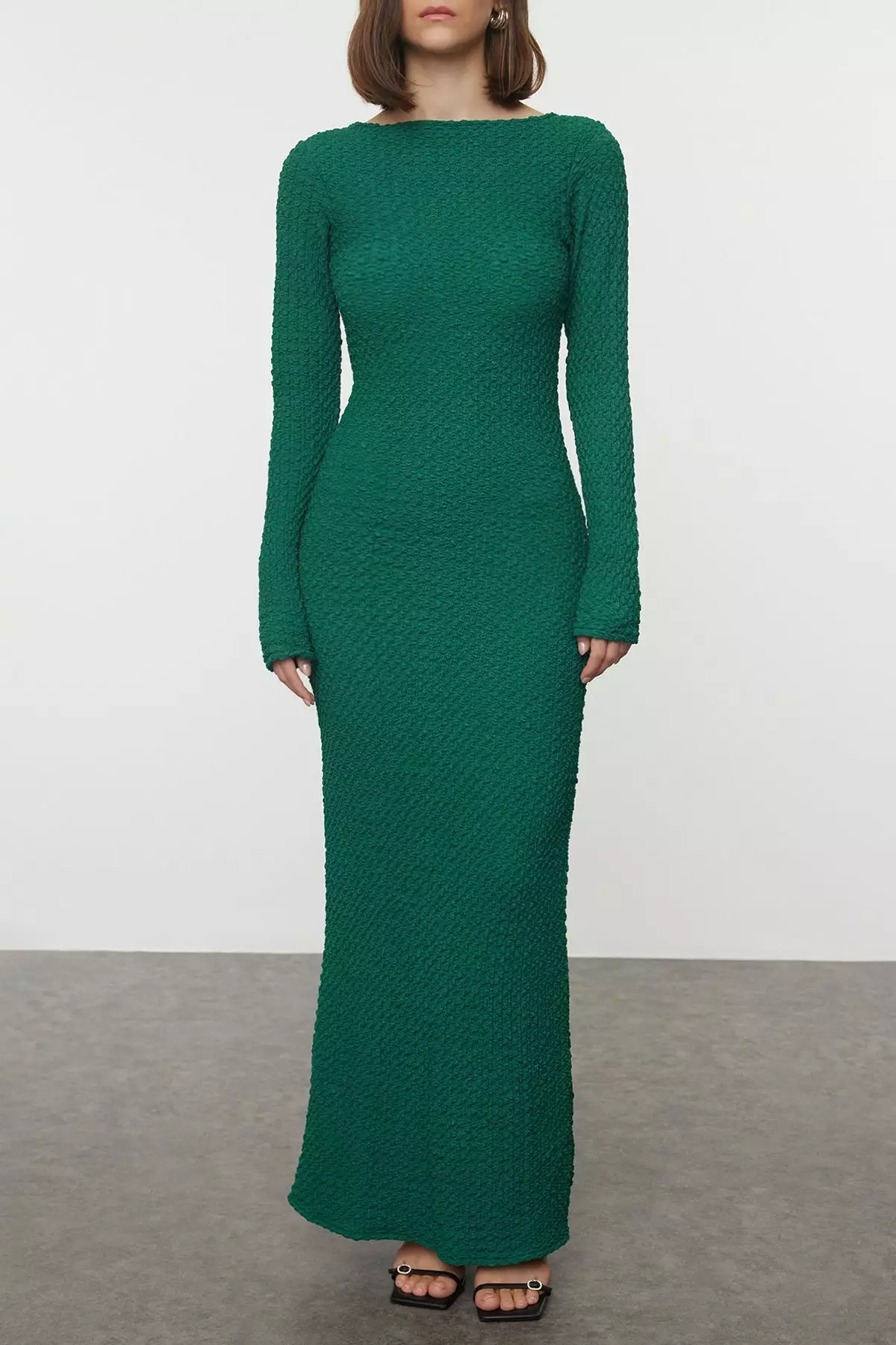 Emerald Green Plain Textured Fitted Maxi Knitted Dress TWOAW25EL00097