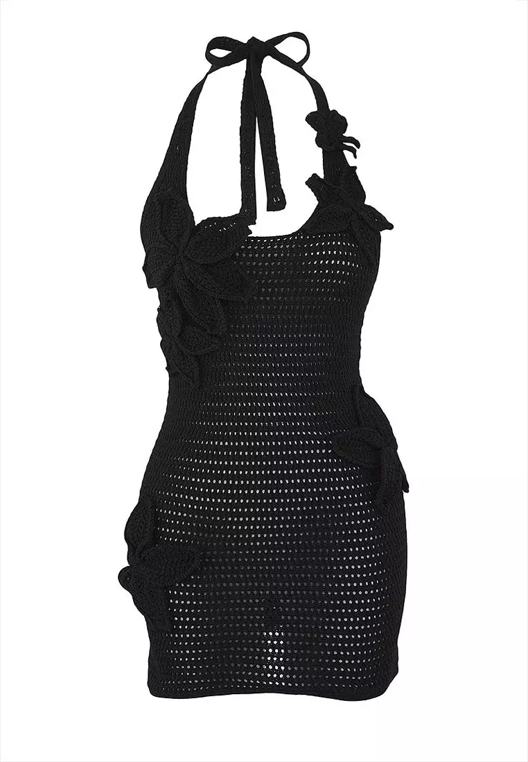 Floral Detailed Halter Neck Knit Crochet Beach Dress