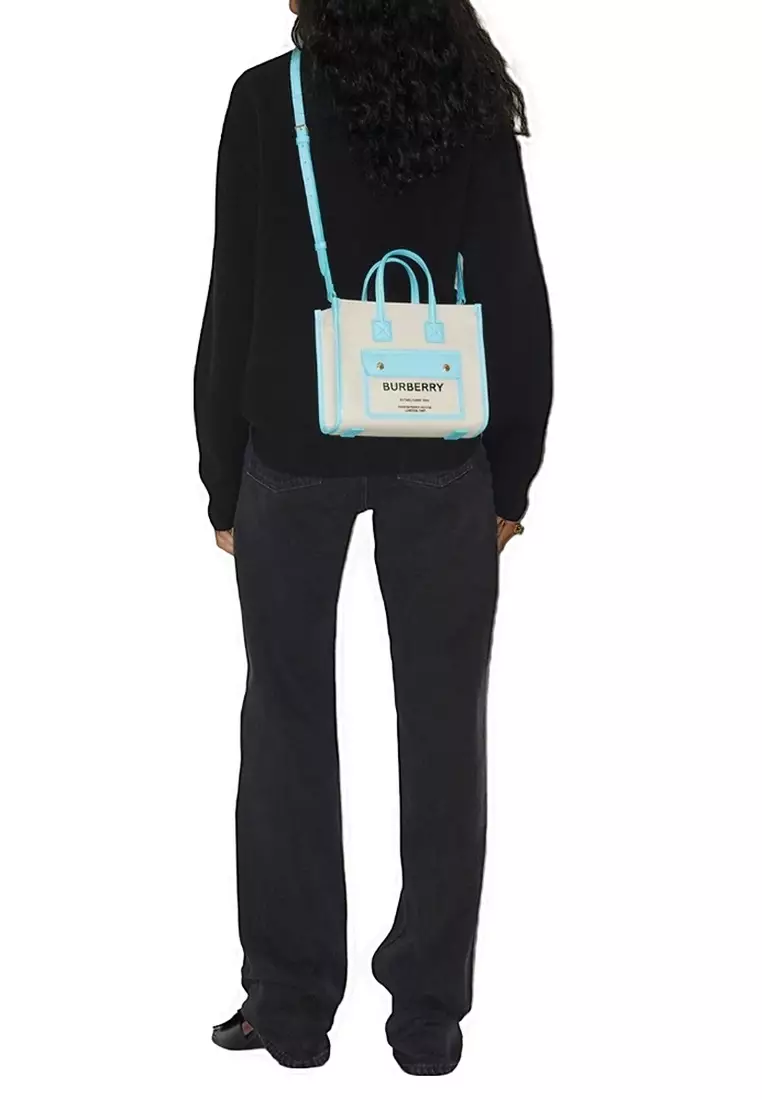 Mini Freya Tote Bag in Natural/Cool Sky Blue