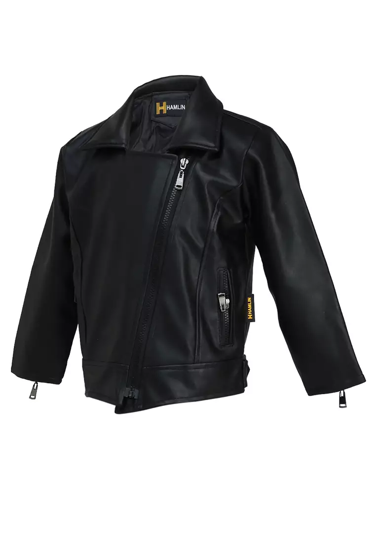 Fisca Jaket Kulit Anak Perempuan Zipper Design Motif Polos Material Leather ORIGINAL - Black