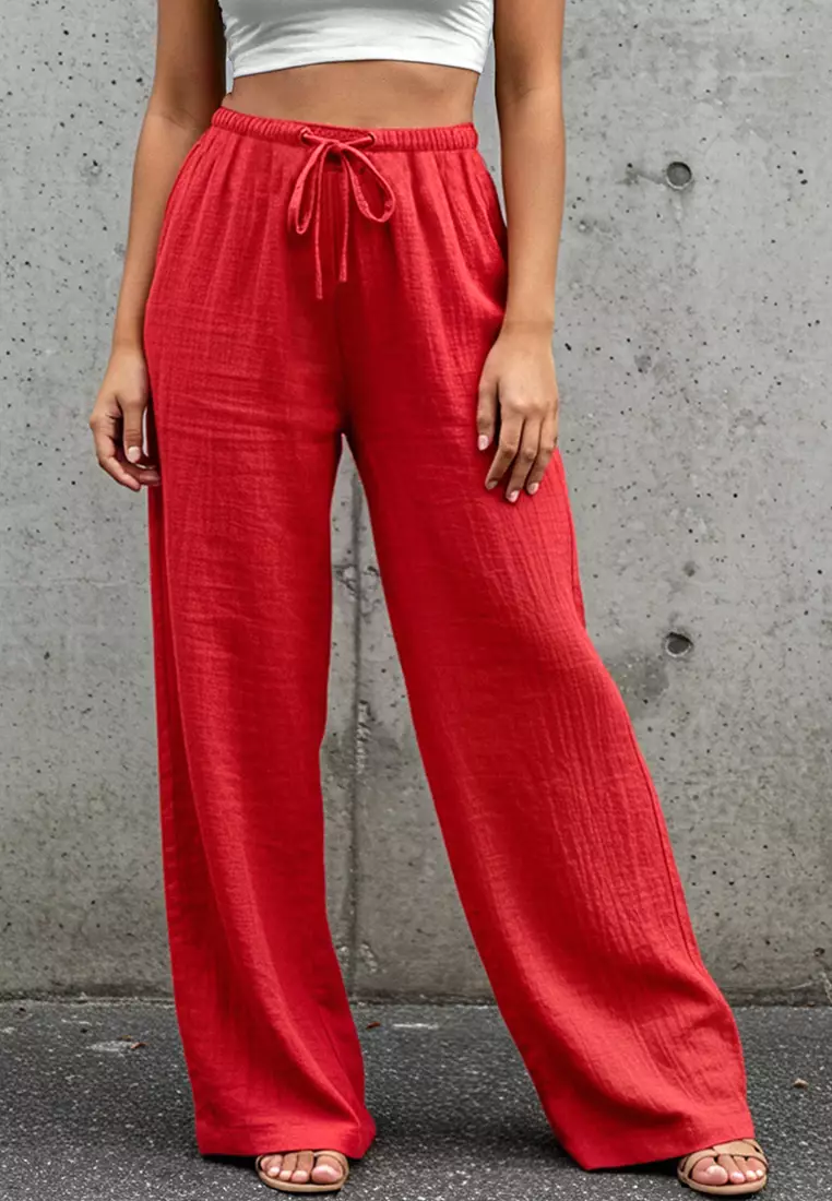 Casual Red Pants Outfit High Waisted Red Trousers Ladies Red High