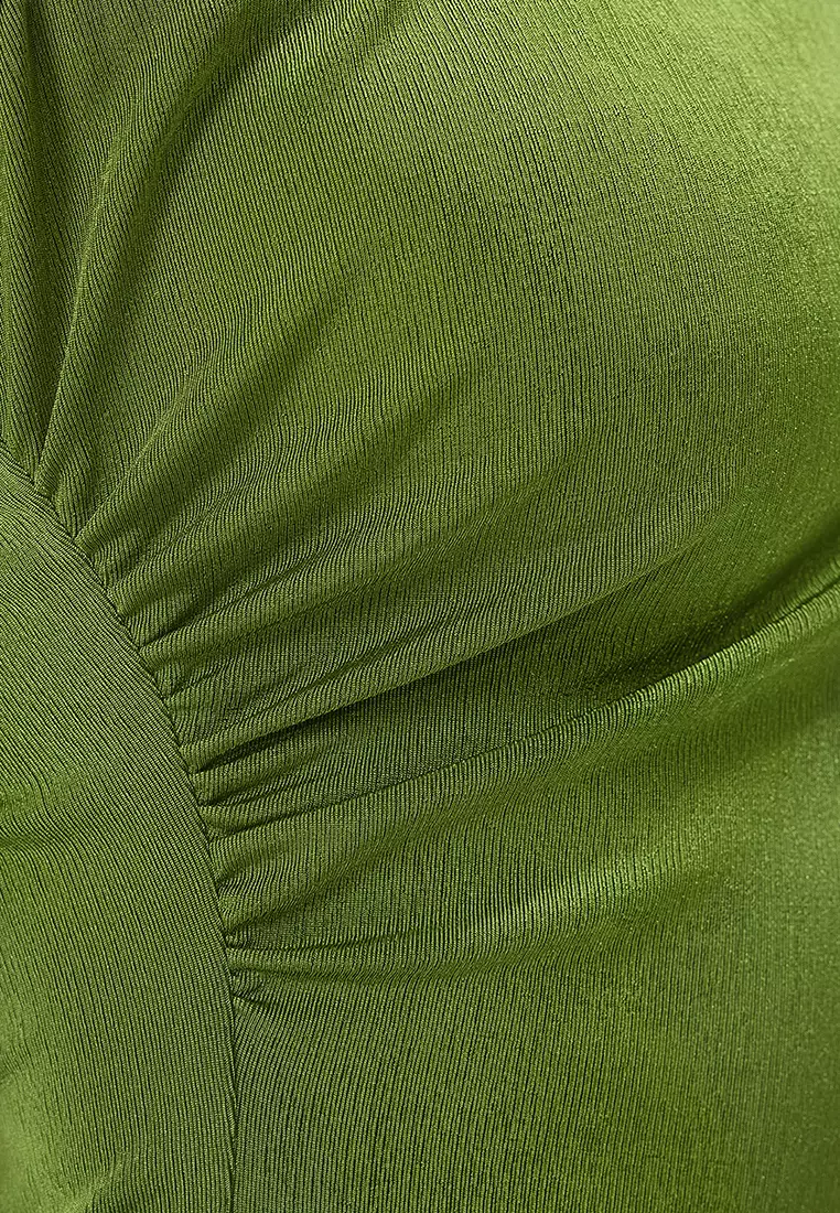 Green Zero Sleeve Gathered Detail Crew Neck Knitted Bodysuit with Snaps at the Bottom TWOSS25BD00021