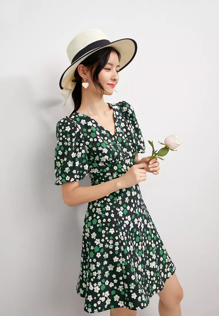 V-Neck Short Sleeve Floral Mini Dress