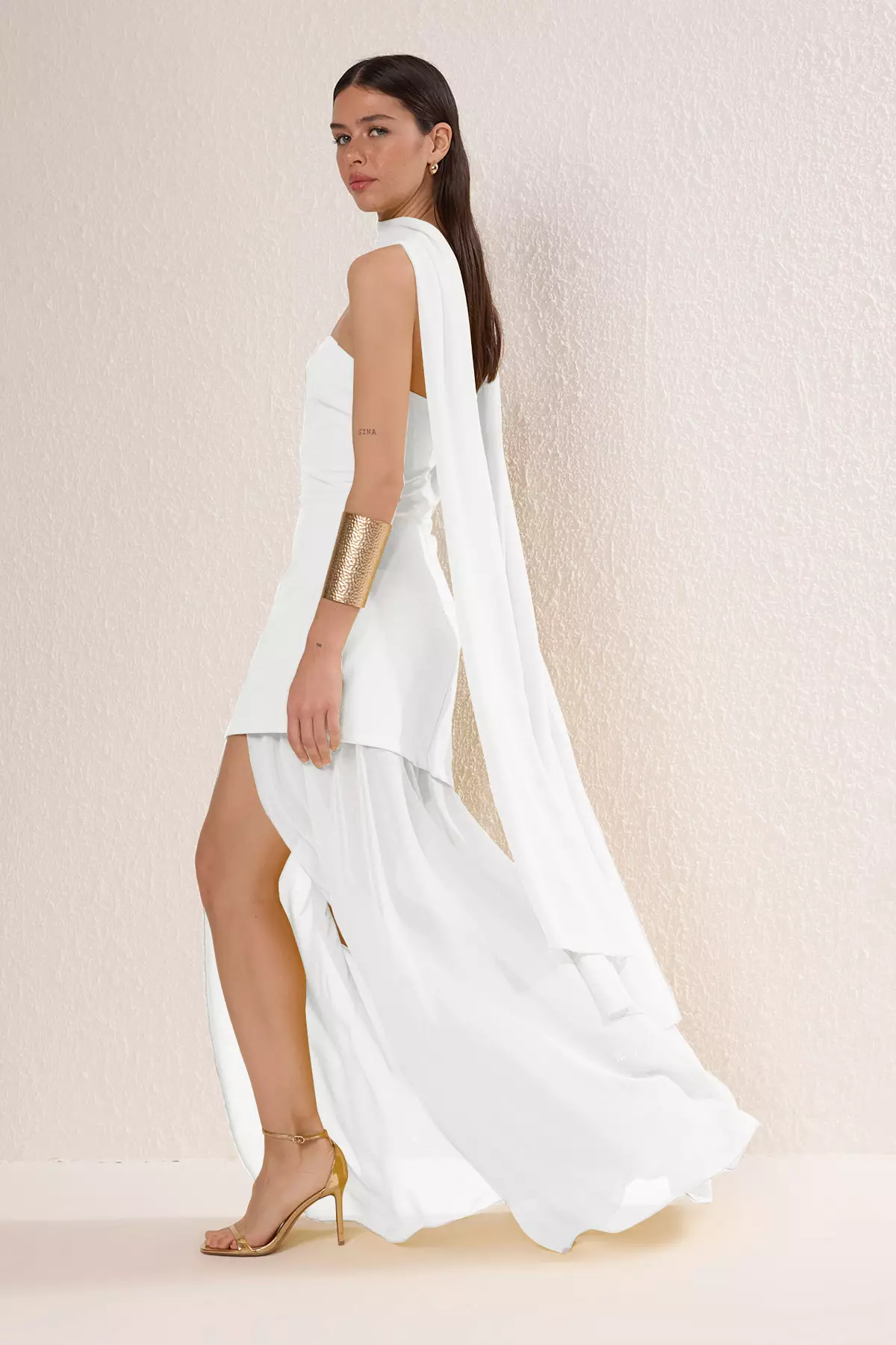 White Shawl Detailed Maxi Evening Dress