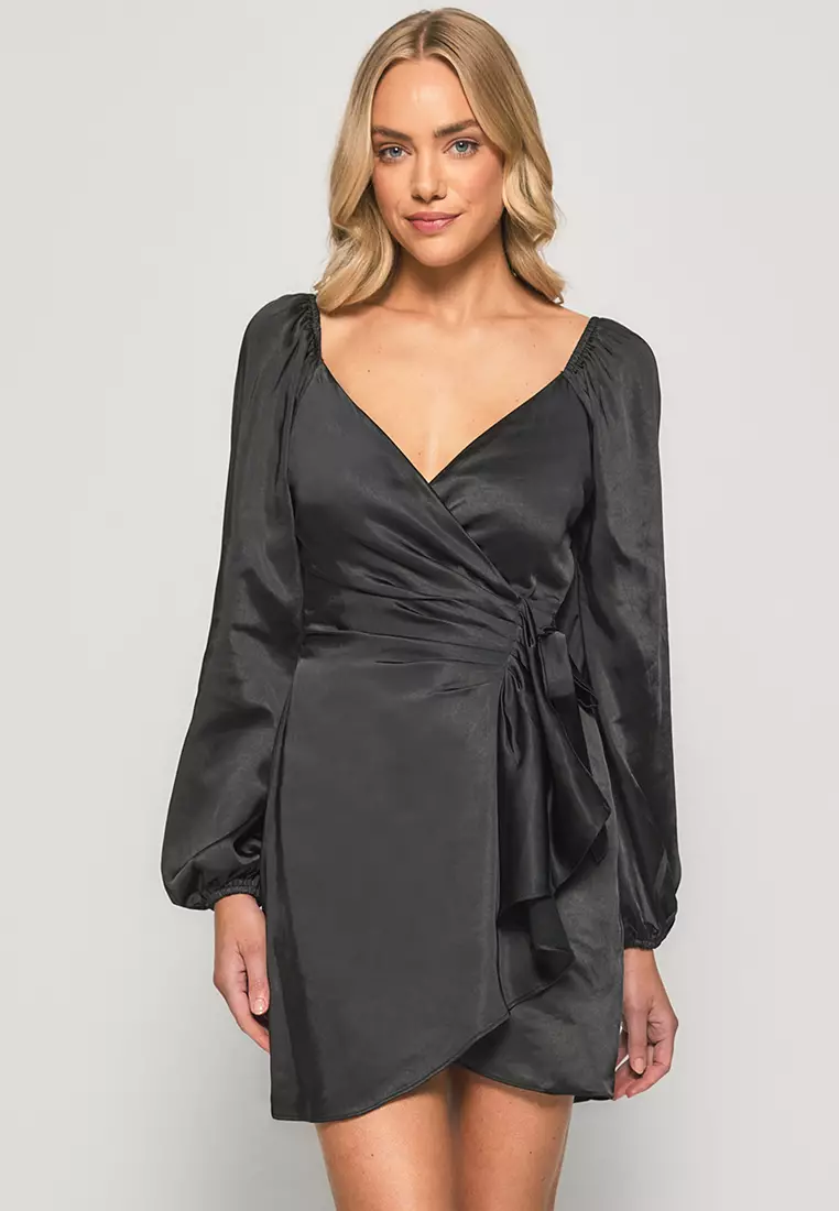 Black Wrap Front Satin Maxi Dress