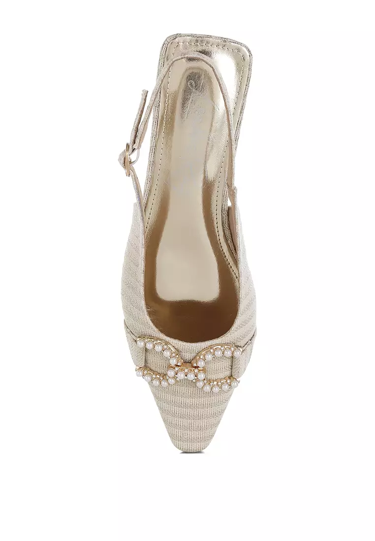 Pearl-Detailed Horsebit Woven Flats In Gold