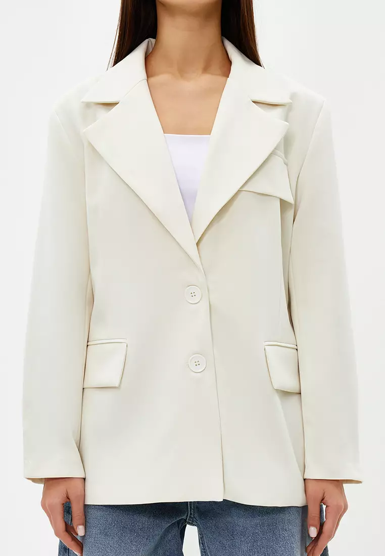 White Oversize Lined Woven Blazer Jacket