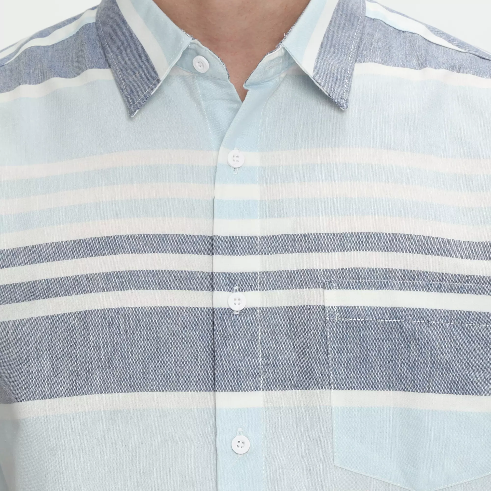 Platini Kemeja Motif Salur Pria Lengan Pendek Katun Blue 73491.21