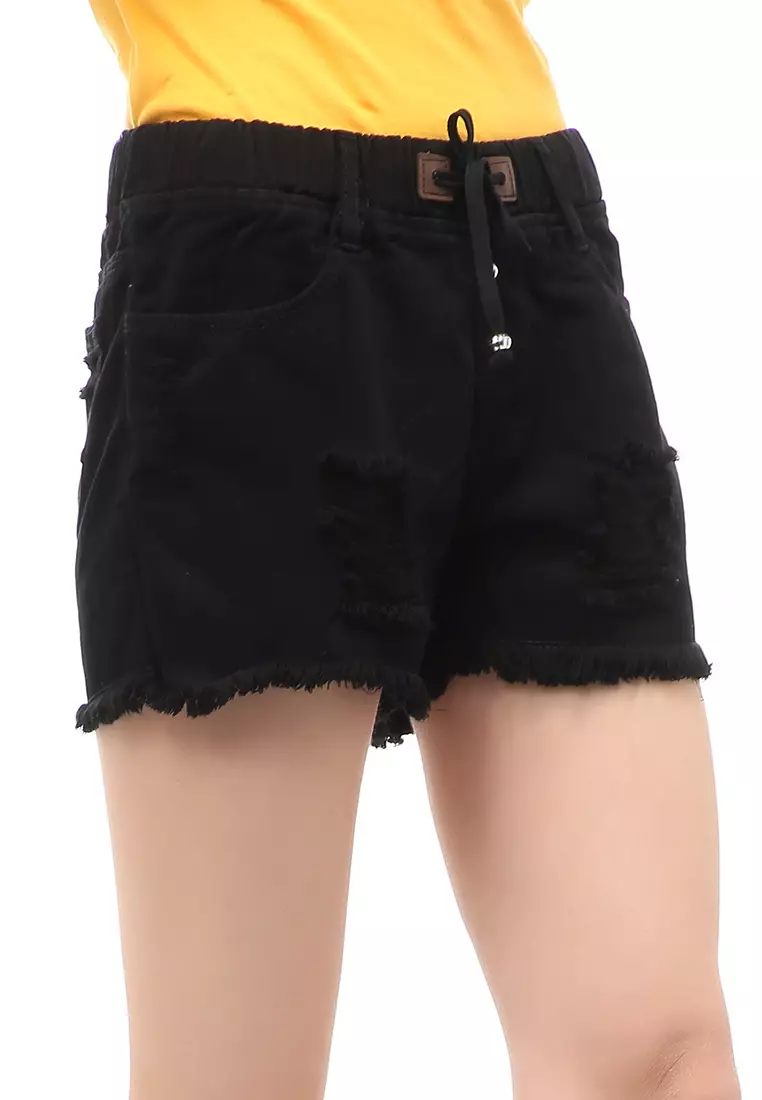 Short Jeans Wanita Aksen Ripped Self Tie Belt Premium Quality - Black