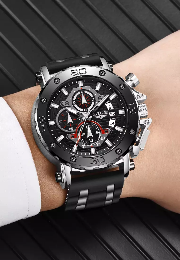 Chronograph Unisex Stainless Steel Quartz Watch, Black Bezel, Black dial, Rubber and Metal Strap