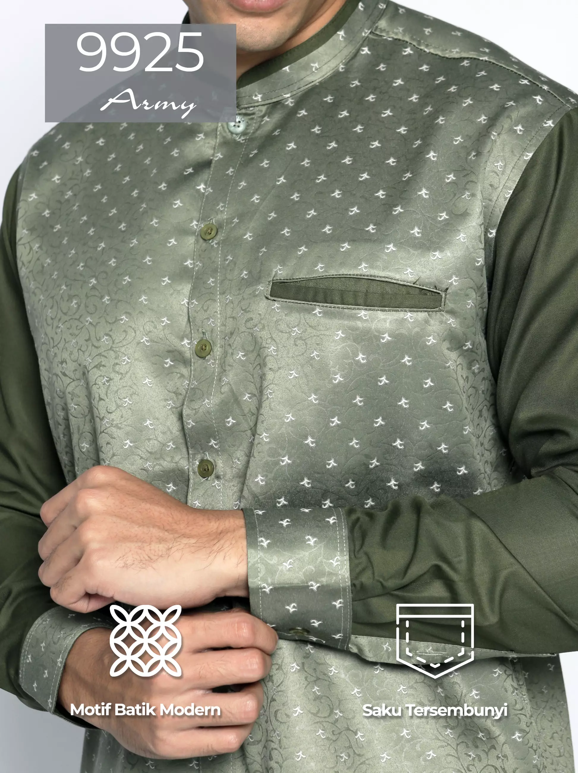 Casella Baju Koko Pria Lengan Panjang Kombinasi Batik Jeddah Design 9925 Army