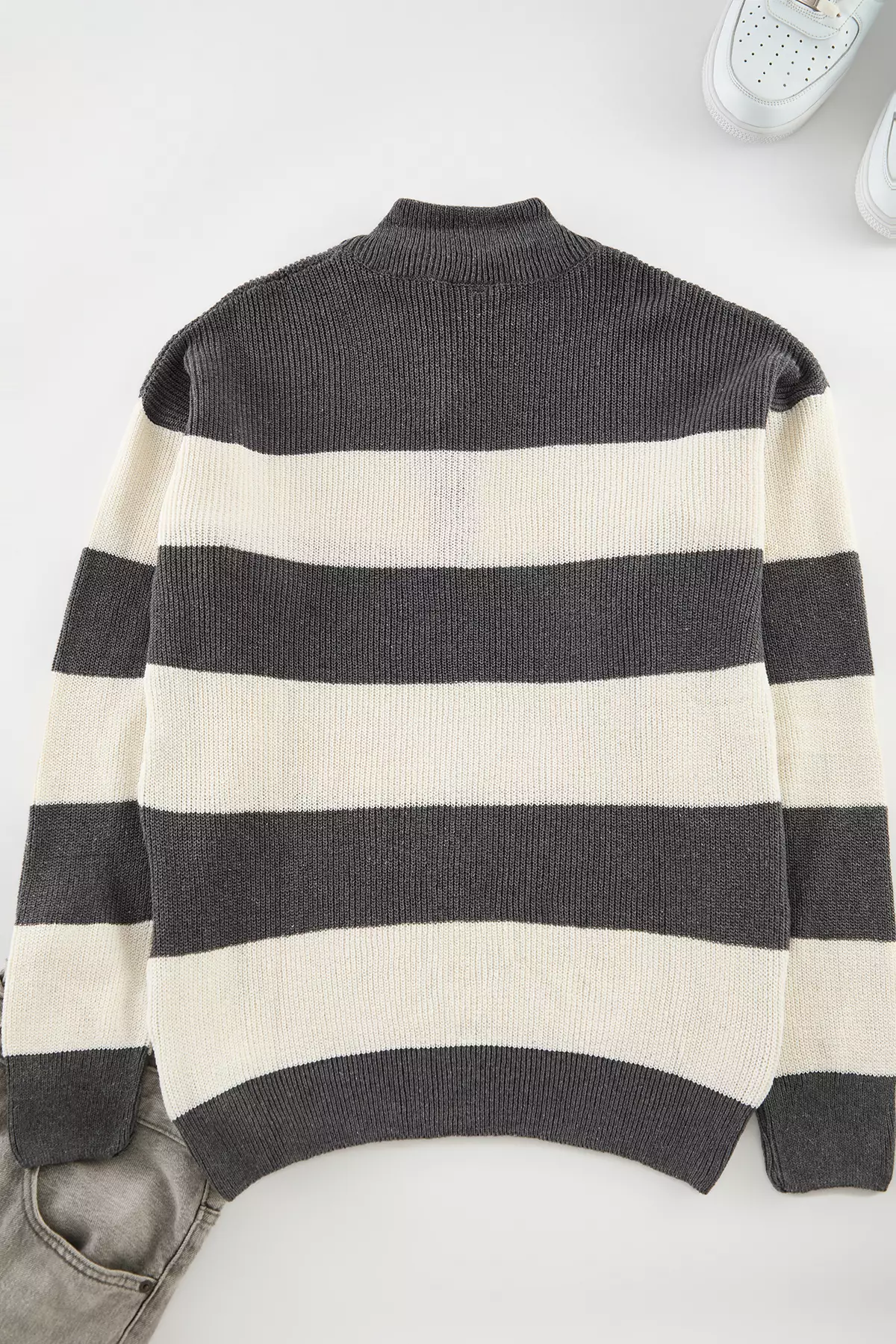Anthracite Fitted Stand Collar Striped Sweater Tmnaw25Kz00062