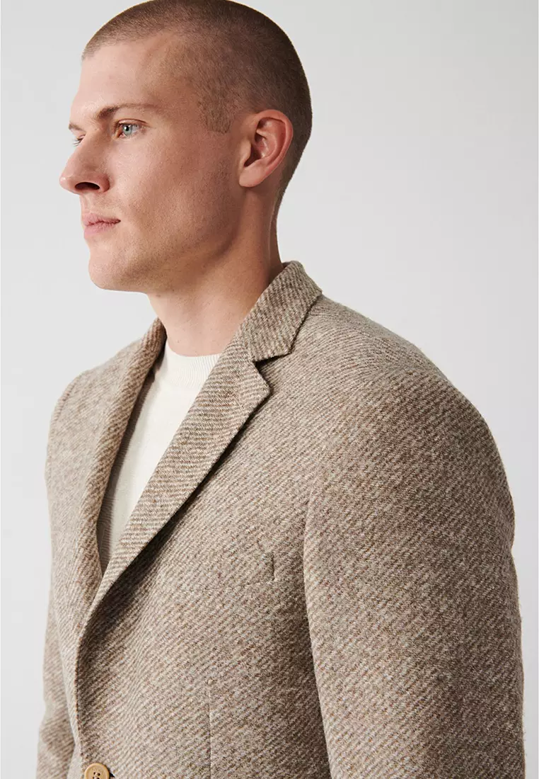 Men's Beige Wool Blended Unlined Double Slit Jacket A32Y4013