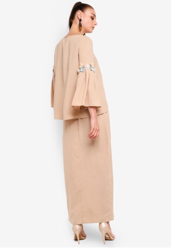 Buy Embellished Flare Sleeves Top Set from Zalia in Brown and Beige at Zalora