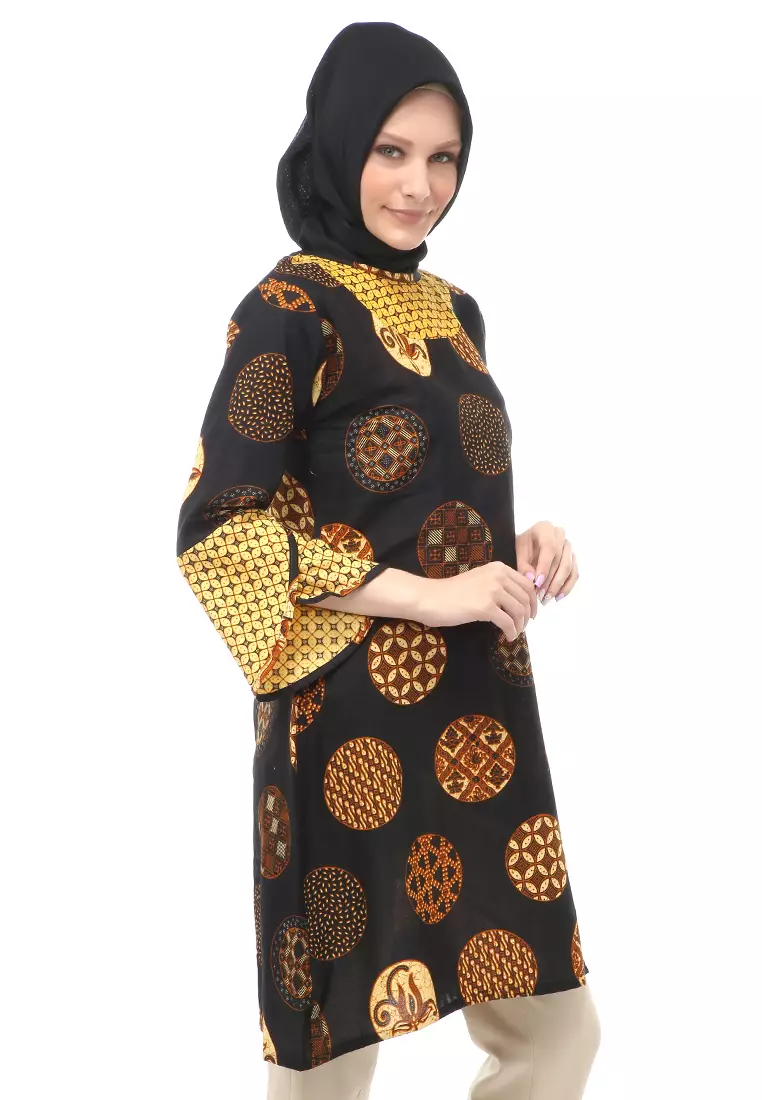 Tunik Batik Motif Koin Atasan Wanita Muslimah - Coklat