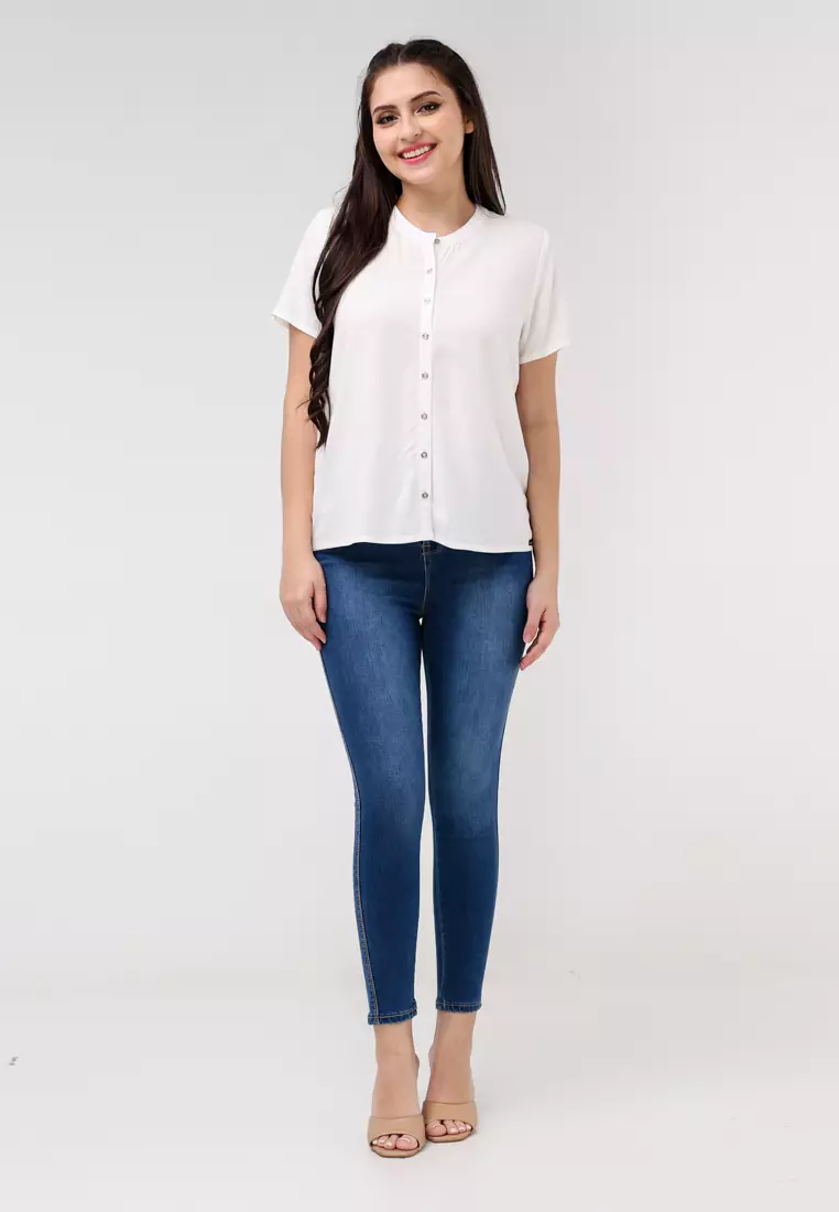 Woven Plain Rayon Short Sleeves Blouse