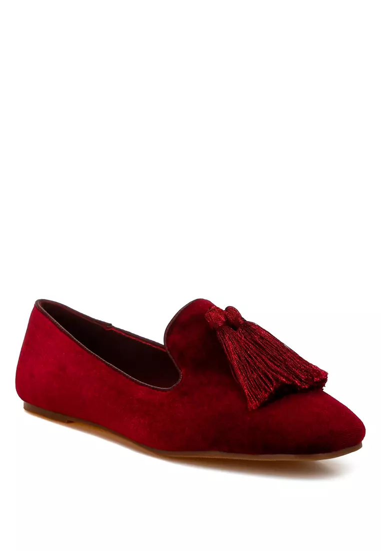 Iconic Tassel Detail Velvet Loafers in Burgundy