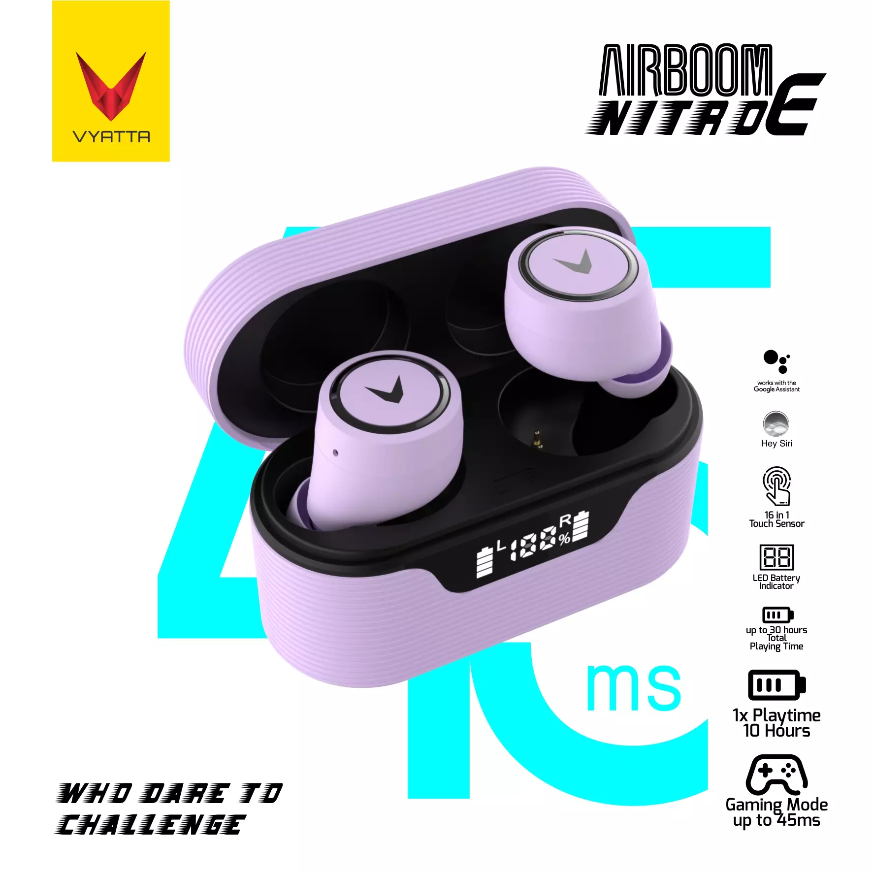 VYATTA AIRBOOM NITRO E TWS BLUETOOTH HEADSET EARPHONE GAMING MODE 45 MS 16 IN 4 TOUCH SENSOR