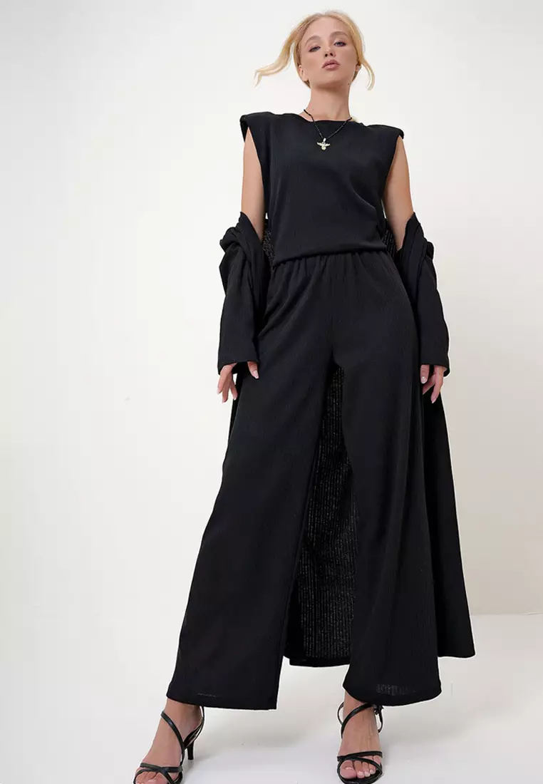 Bike Neck Blouse Trousers and Cardigan Set Suit