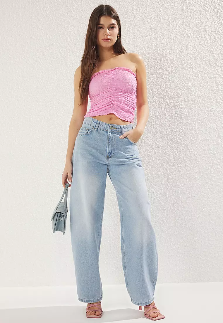Textured Fitted/Fits Crop Gathered/Drape Detail Stretchy Knitted Blouse