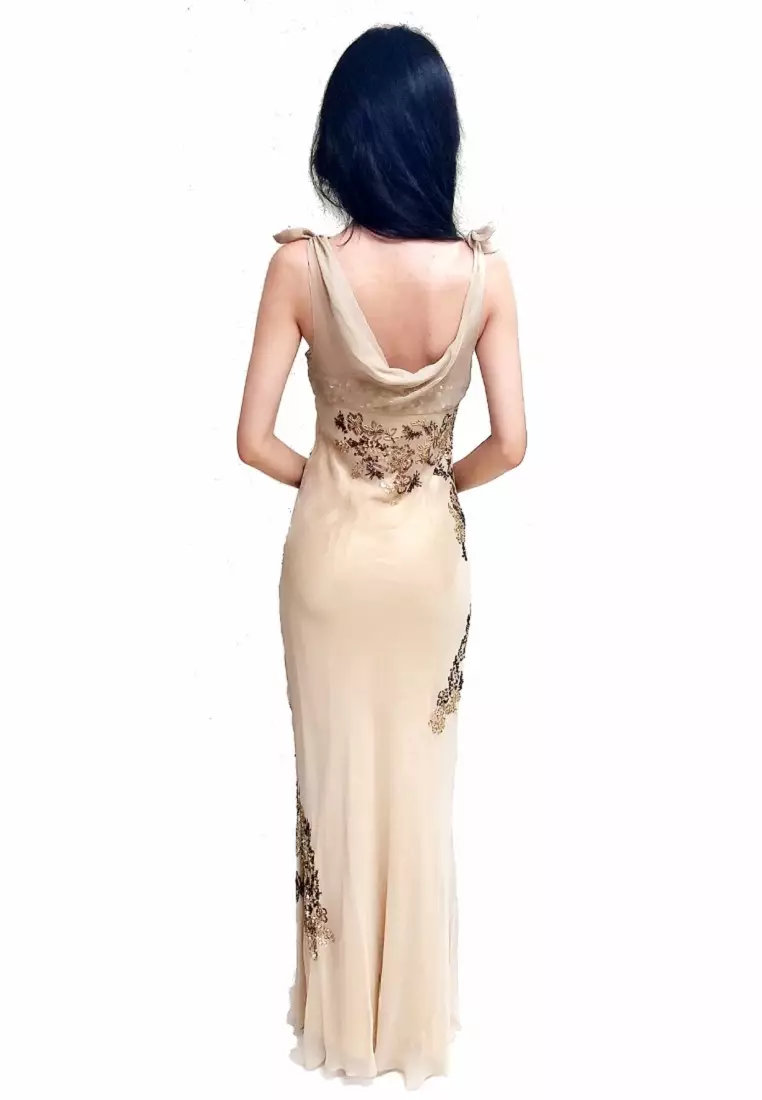 傳統優雅花卉釘珠真絲連衣裙