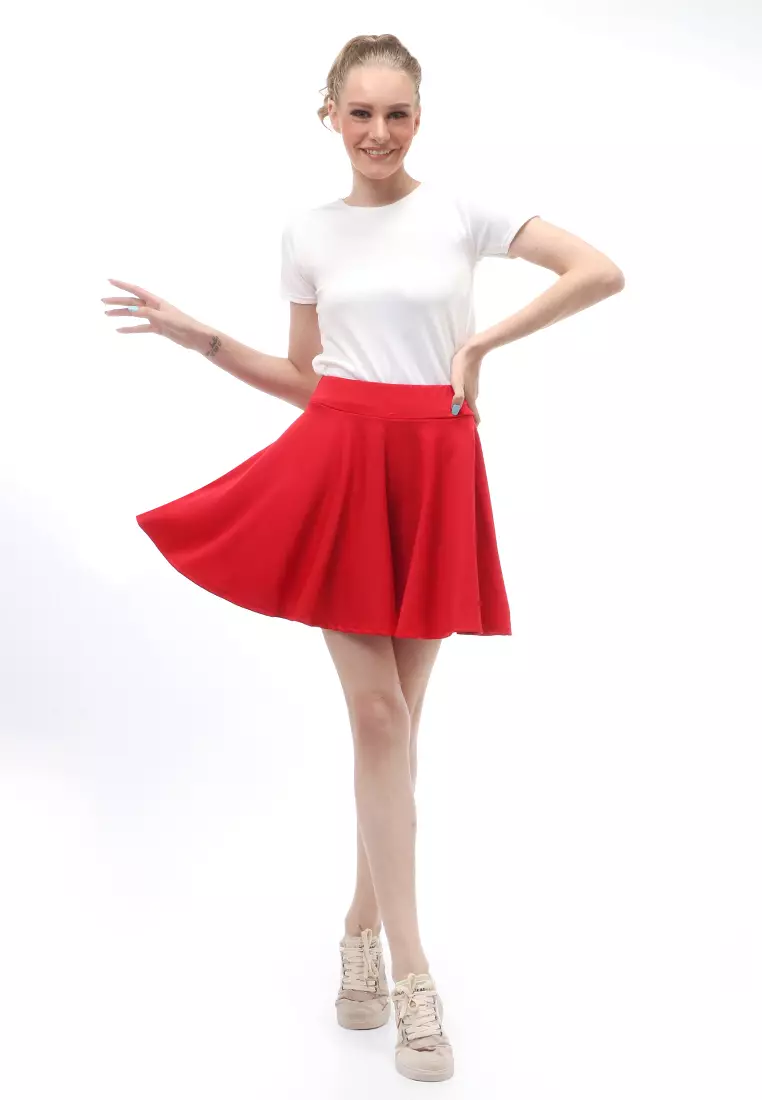 Rok Midi Bawahan Wanita Motif Solid Casual Relaxed Fit - Red