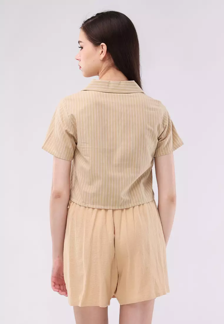 Woven Stripes Linen Short Sleeve Blouse/Skort
